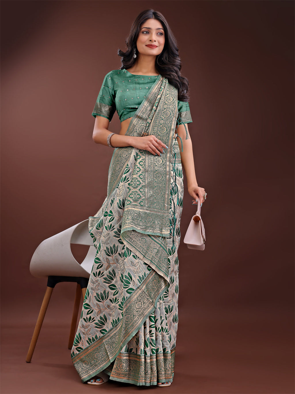 Beige and Green Linen Saree with Floral Print and Zari Pallu