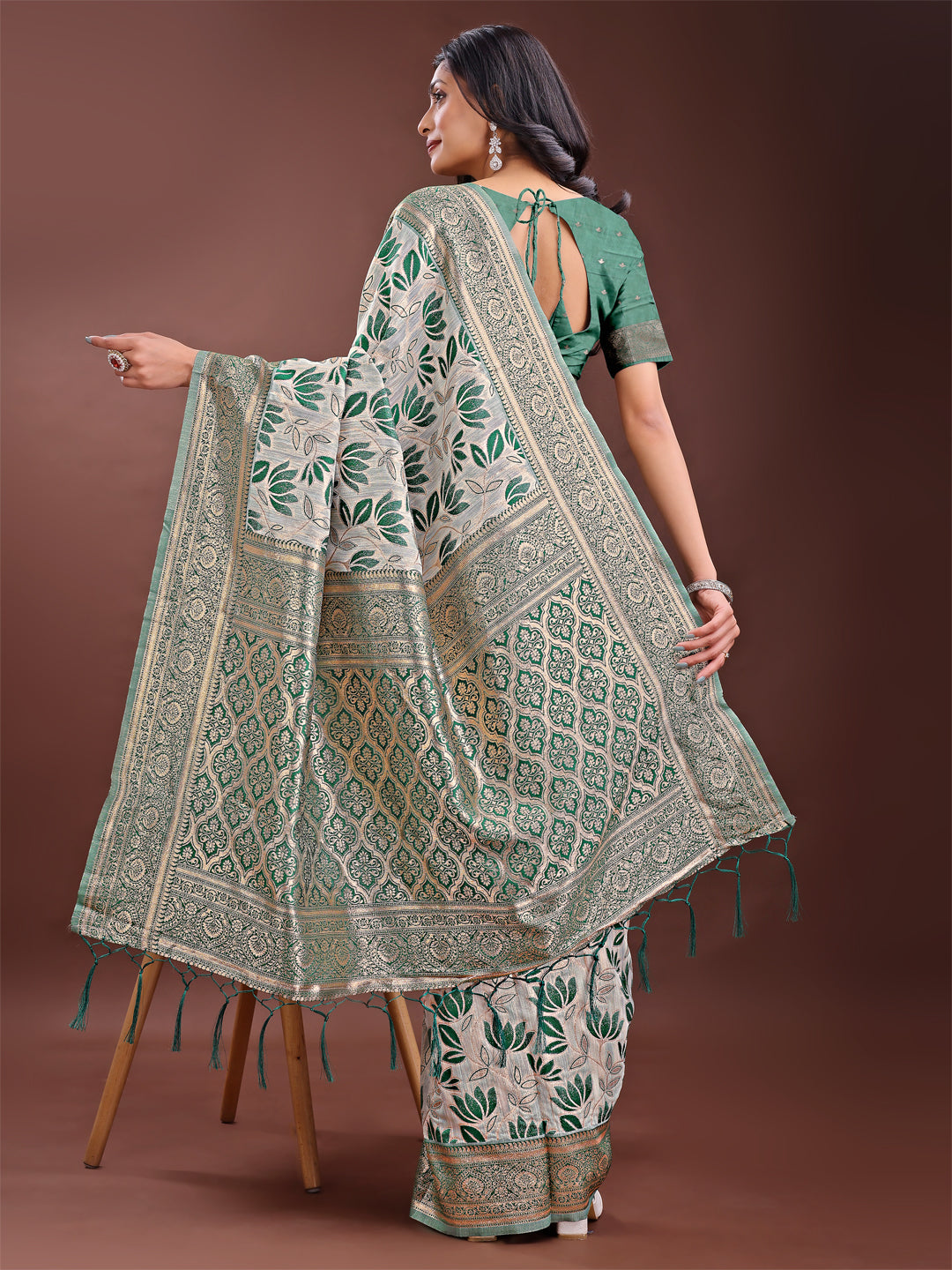 Beige and Green Linen Saree with Floral Print and Zari Pallu