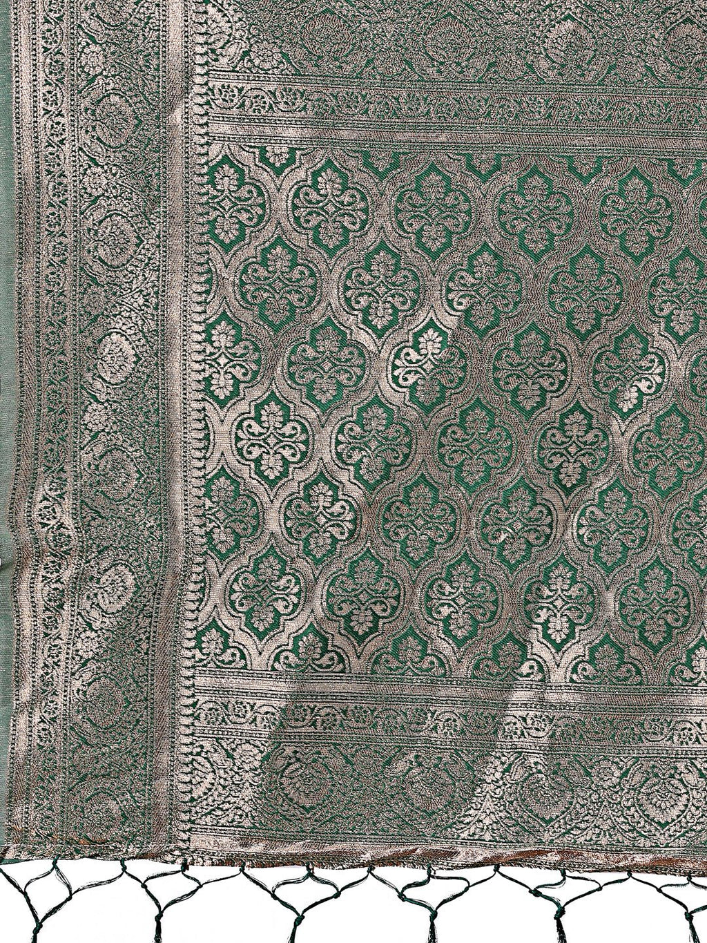 Beige and Green Linen Saree with Floral Print and Zari Pallu
