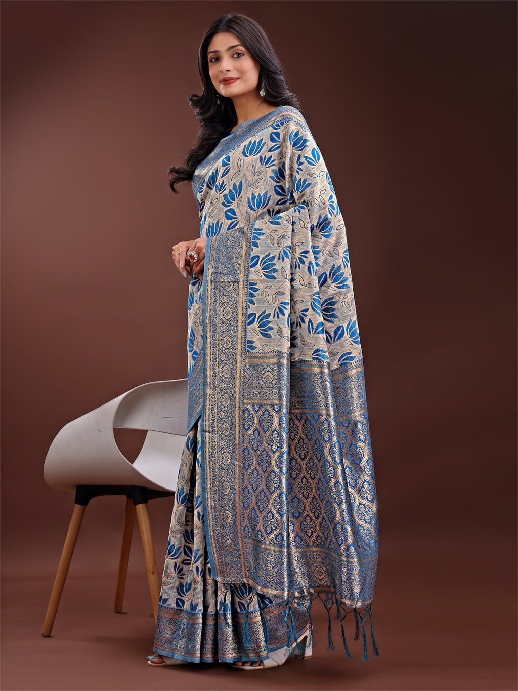 Beige & Red Linen Saree with Floral Print and Rich Zari Pallu