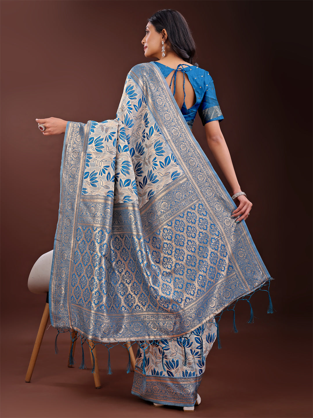 Beige & Red Linen Saree with Floral Print and Rich Zari Pallu