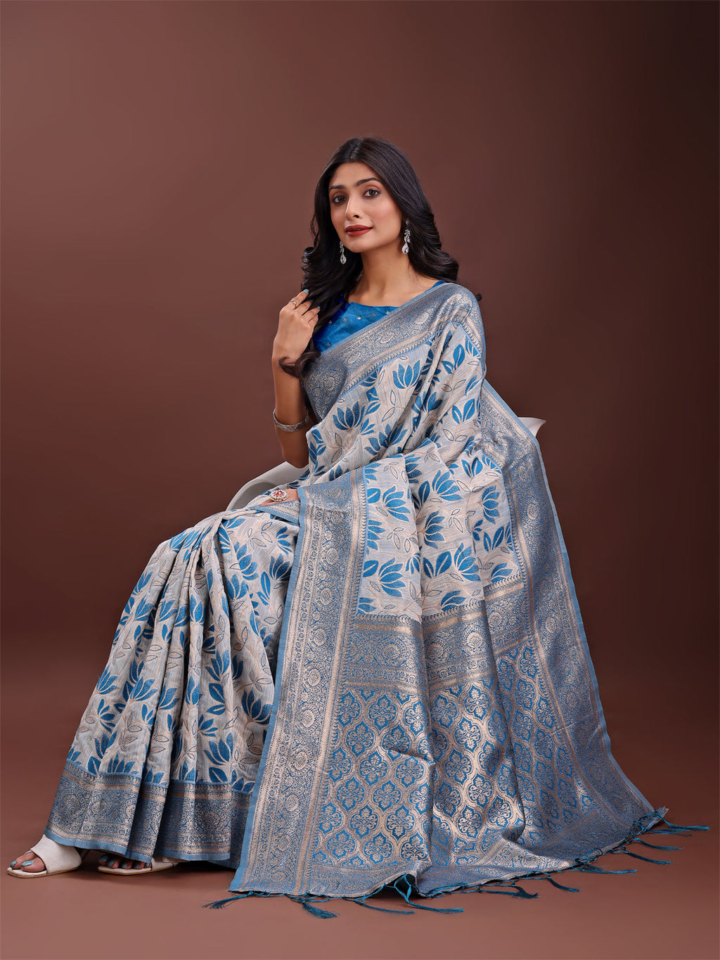 Beige & Red Linen Saree with Floral Print and Rich Zari Pallu
