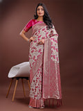 Beige and purple floral print linen saree with rich zari pallu