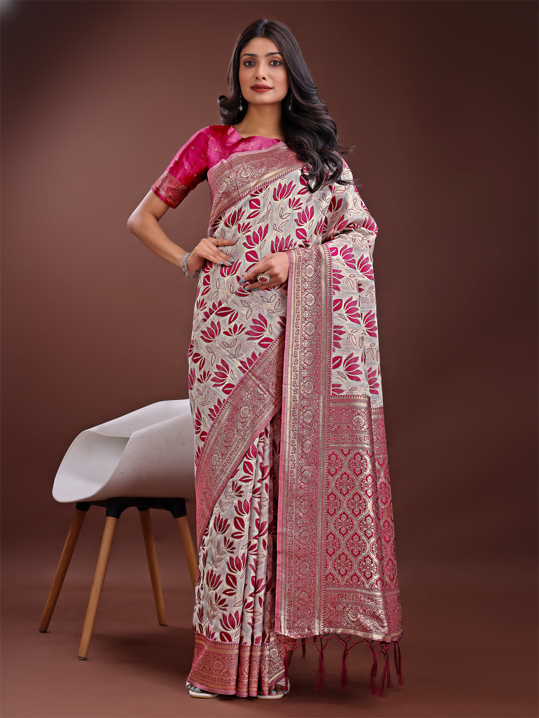 Beige and purple floral print linen saree with rich zari pallu