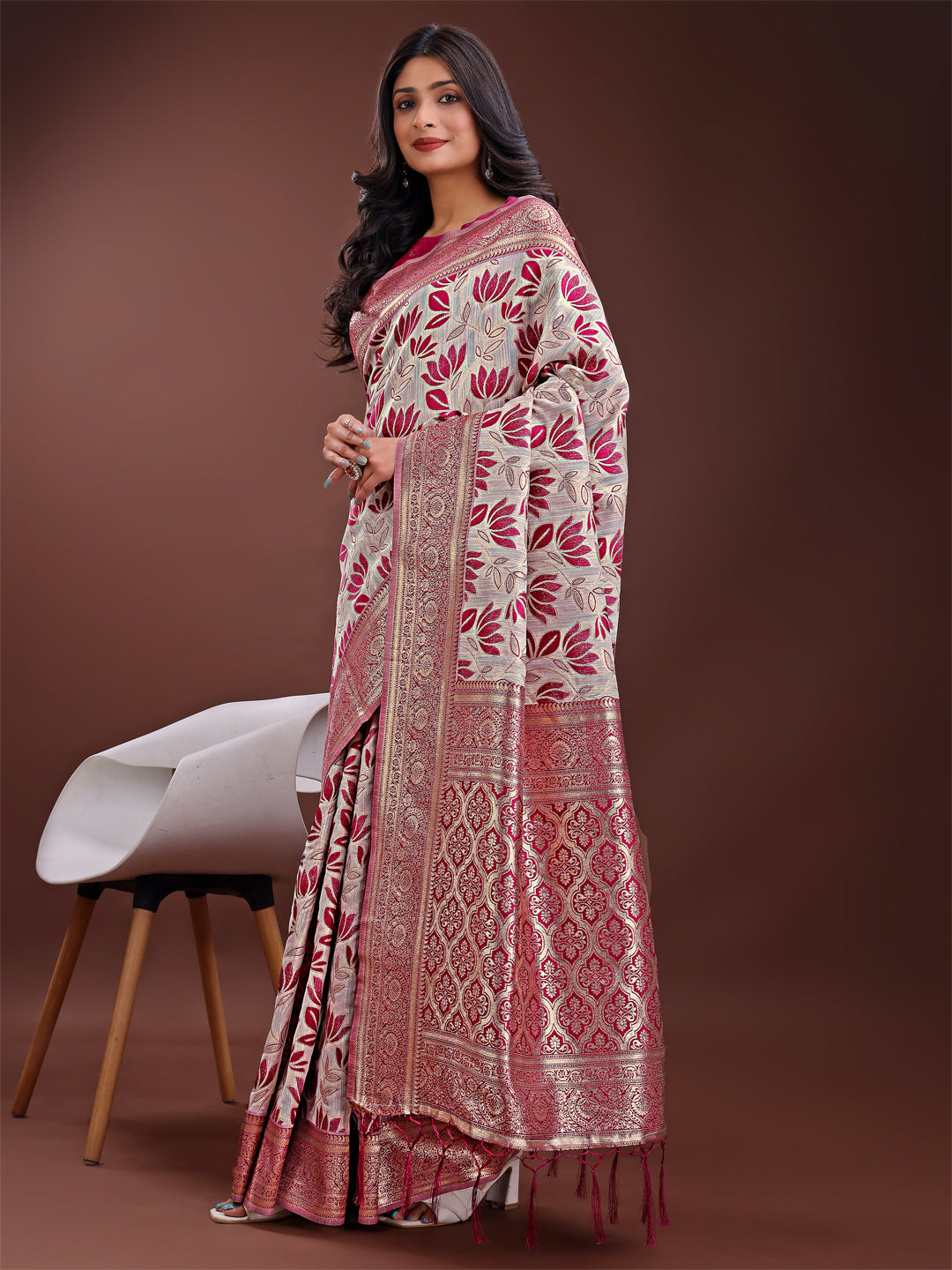 Beige and Purple Linen Saree with Floral Print and Zari Pallu