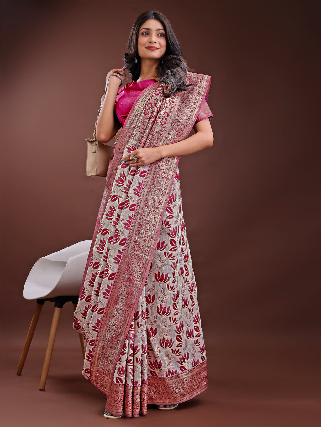 Beige and Purple Linen Saree with Floral Print and Zari Pallu