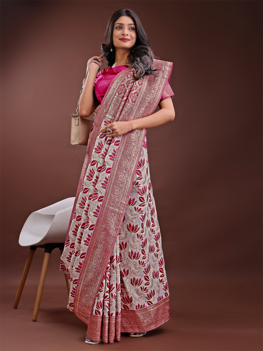 Beige and Purple Linen Saree with Floral Print and Zari Pallu