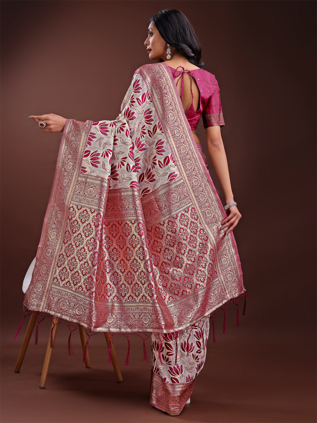 Beige and Purple Linen Saree with Floral Print and Zari Pallu