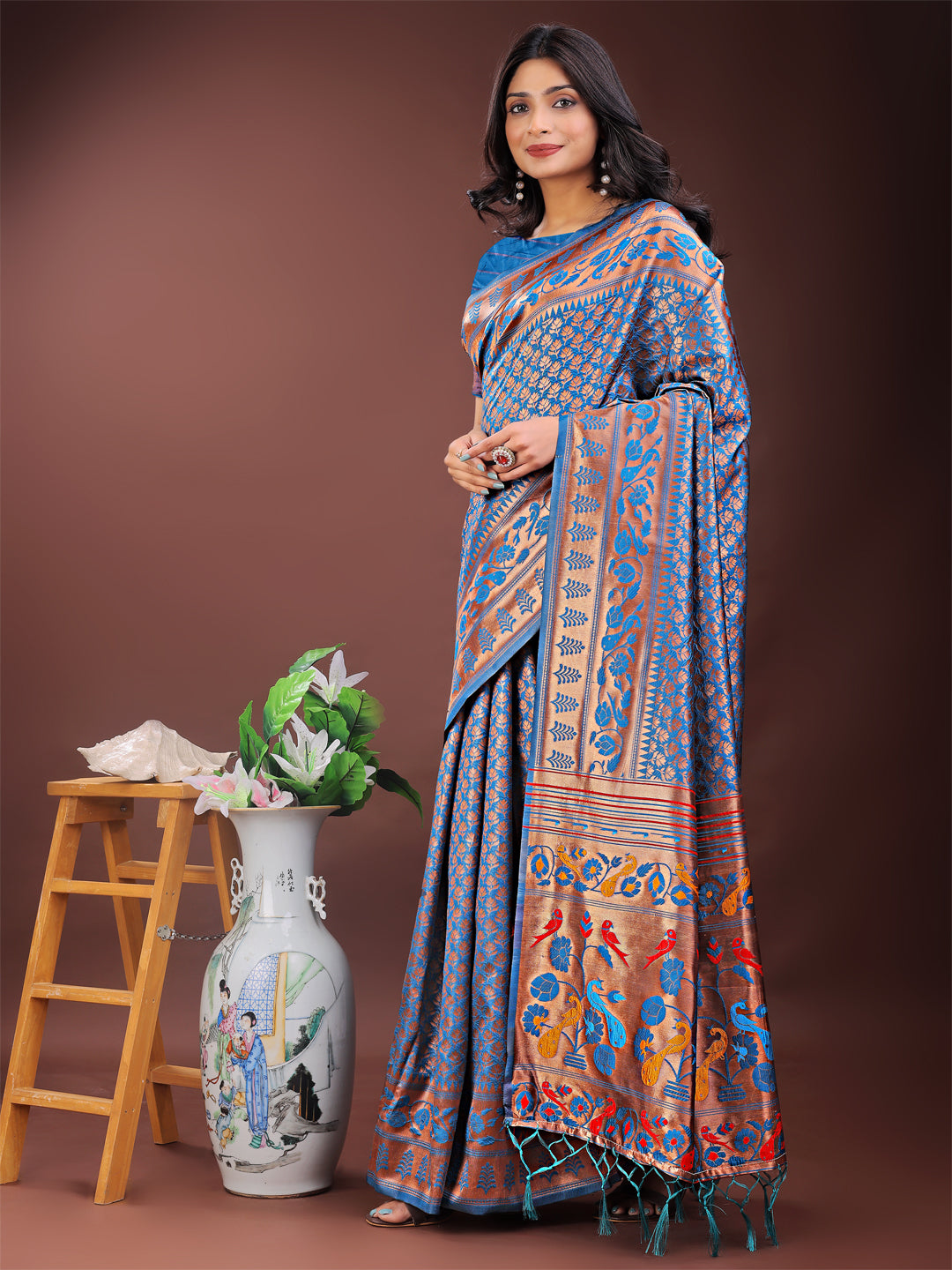 Vibrant Copper and Blue Banarasi Silk Saree with Colorful Pallu