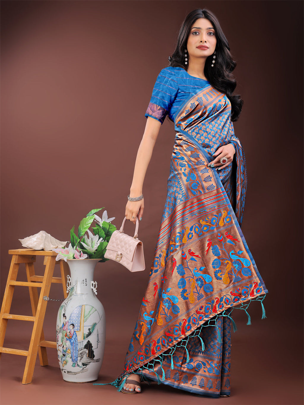 Vibrant Copper and Blue Banarasi Silk Saree with Colorful Pallu