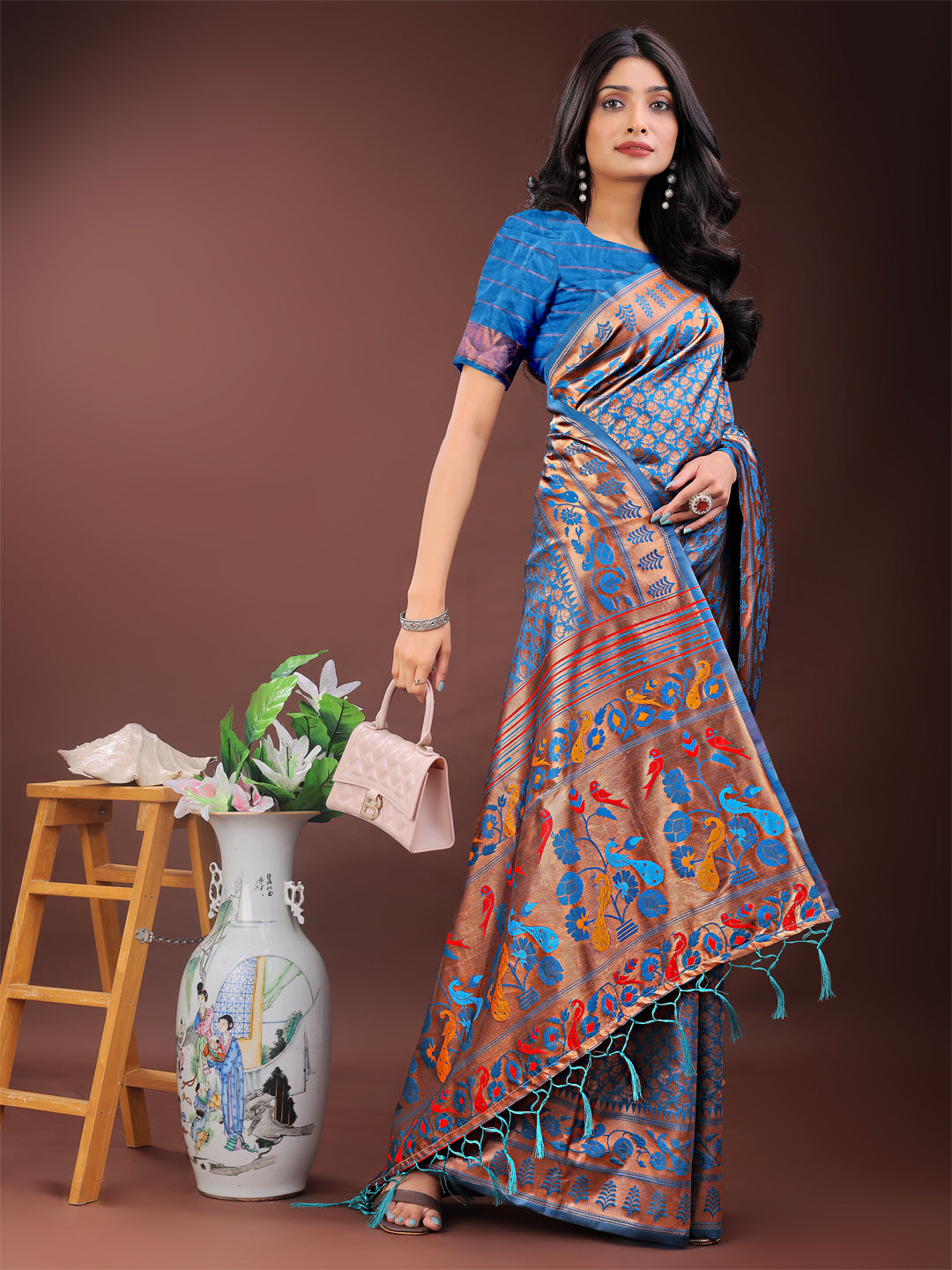 Vibrant Copper and Blue Banarasi Silk Saree with Colorful Pallu