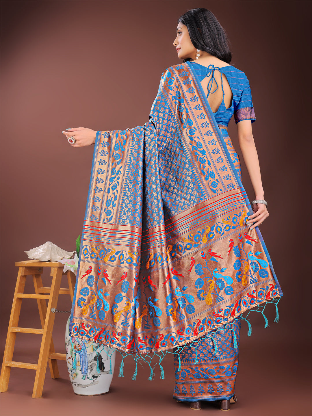 Vibrant Copper and Blue Banarasi Silk Saree with Colorful Pallu