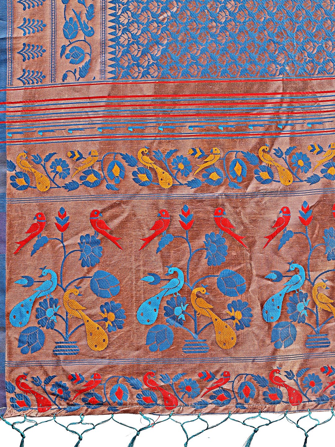Vibrant Copper and Blue Banarasi Silk Saree with Colorful Pallu