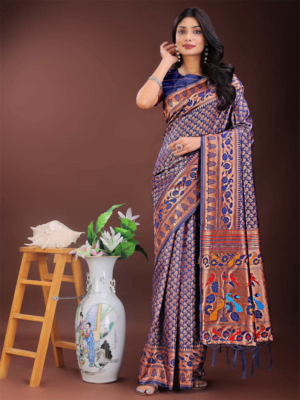 Copper and navy blue Banarasi silk saree with colorful woven pallu