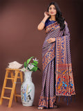 Copper and navy blue Banarasi silk saree with colorful woven pallu