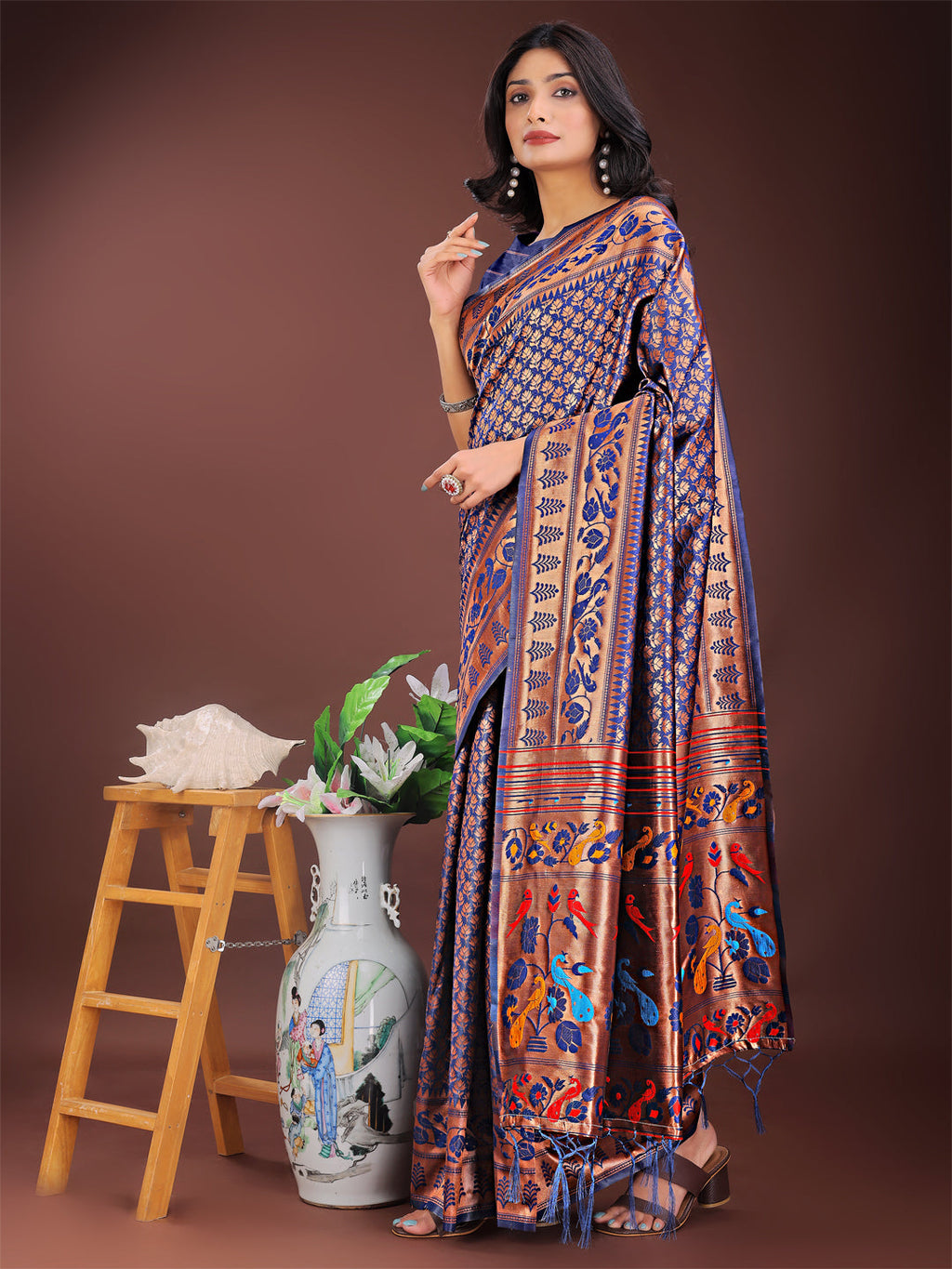 Copper & Navy Blue Banarasi Silk Saree with Colorful Pallu