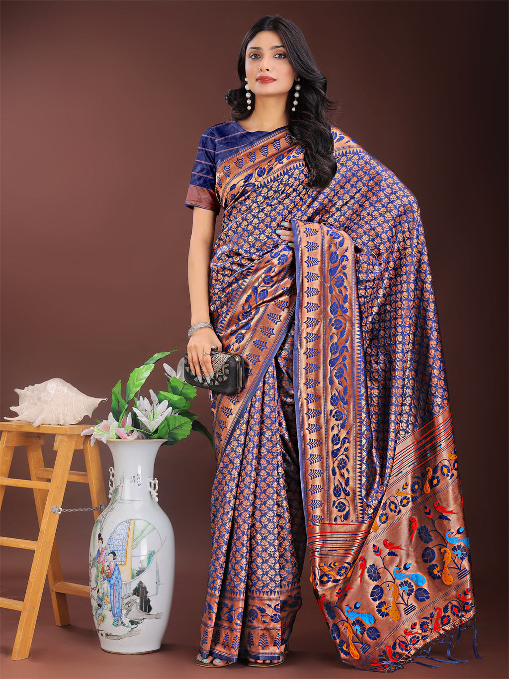 Copper & Navy Blue Banarasi Silk Saree with Colorful Pallu