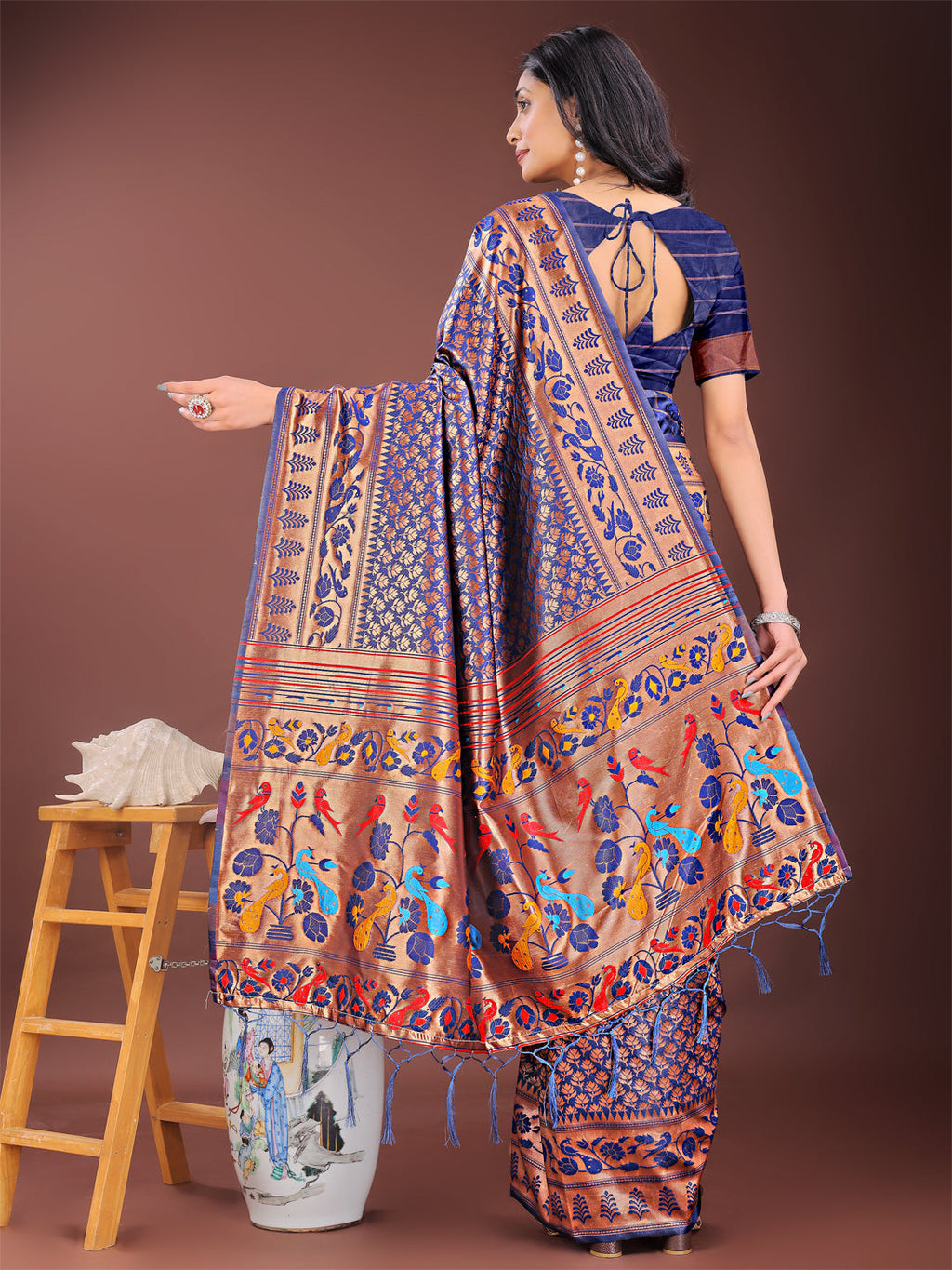 Copper & Navy Blue Banarasi Silk Saree with Colorful Pallu
