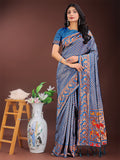Fiery Blue Banarasi silk saree with gold zari borders and a colorful pallu draped elegantly