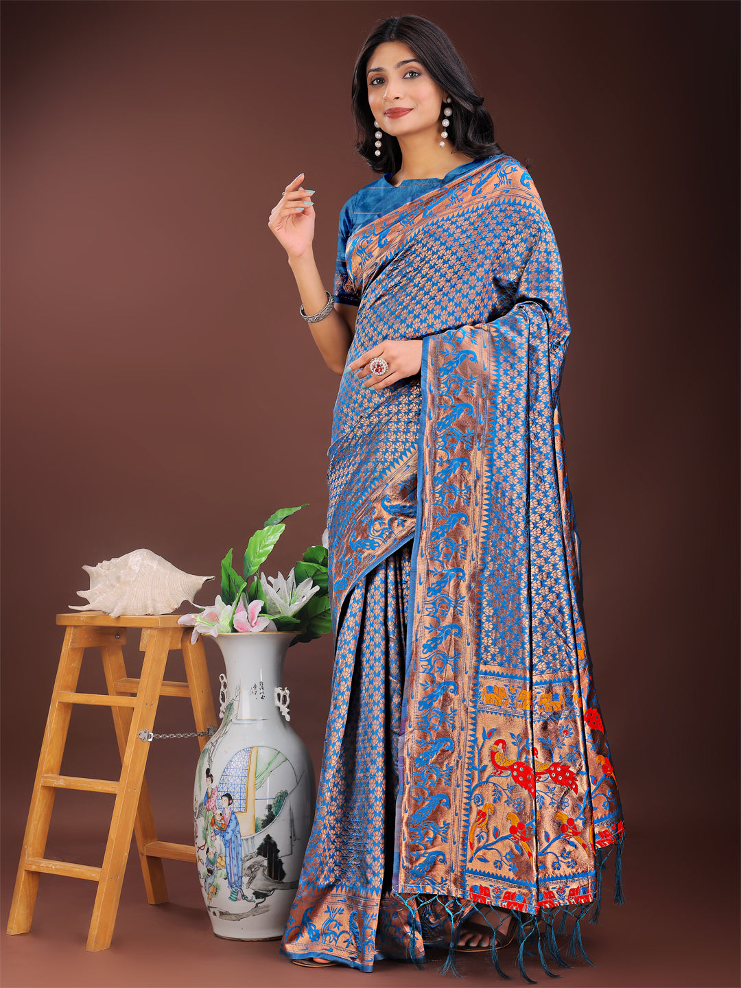 Fiery Blue Banarasi Silk Saree with Gold Zari and Colorful Pallu