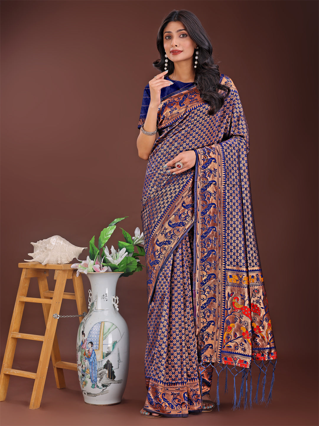 Navy Blue Banarasi silk saree with gold zari work and multicolored pallu