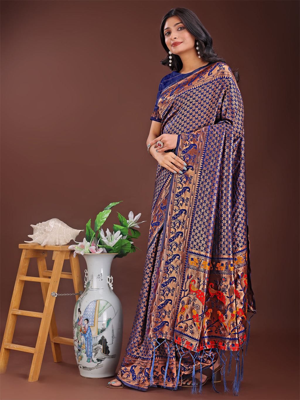 Navy Blue Banarasi Silk Saree with Gold Zari & Multicolor Pallu