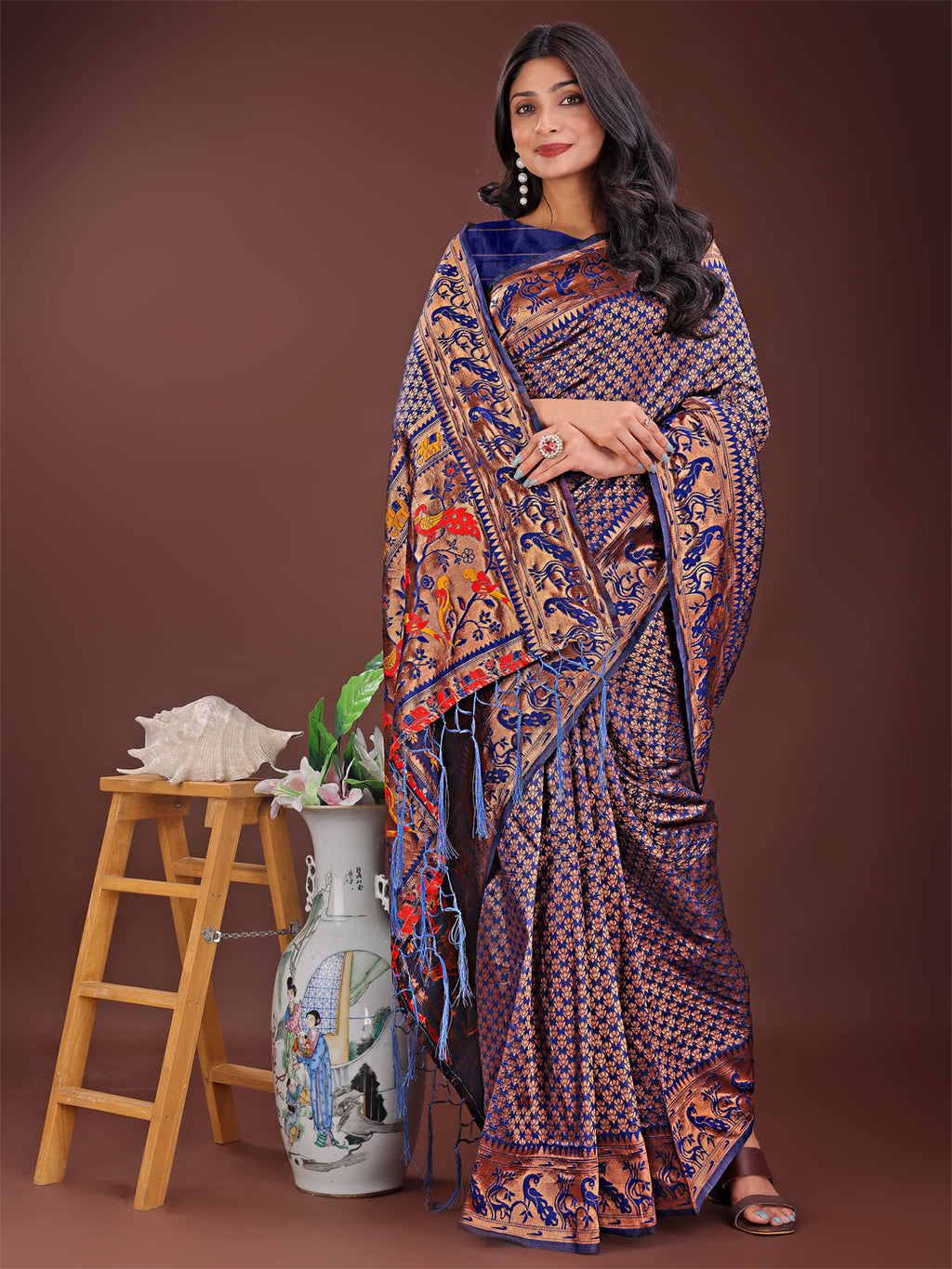 Navy Blue Banarasi Silk Saree with Gold Zari & Multicolor Pallu