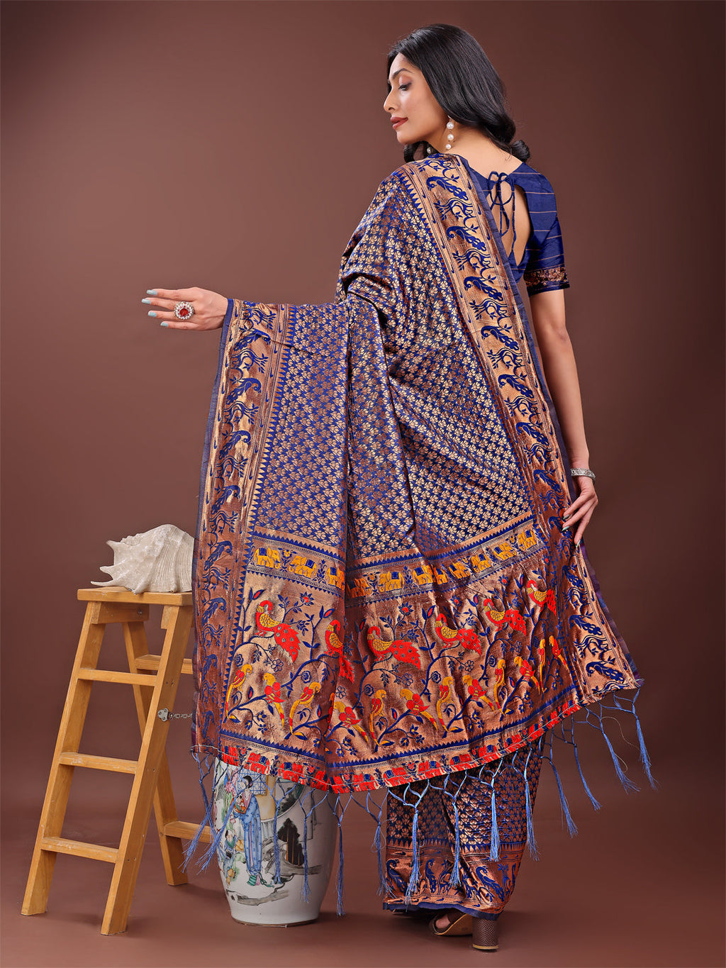 Navy Blue Banarasi Silk Saree with Gold Zari & Multicolor Pallu