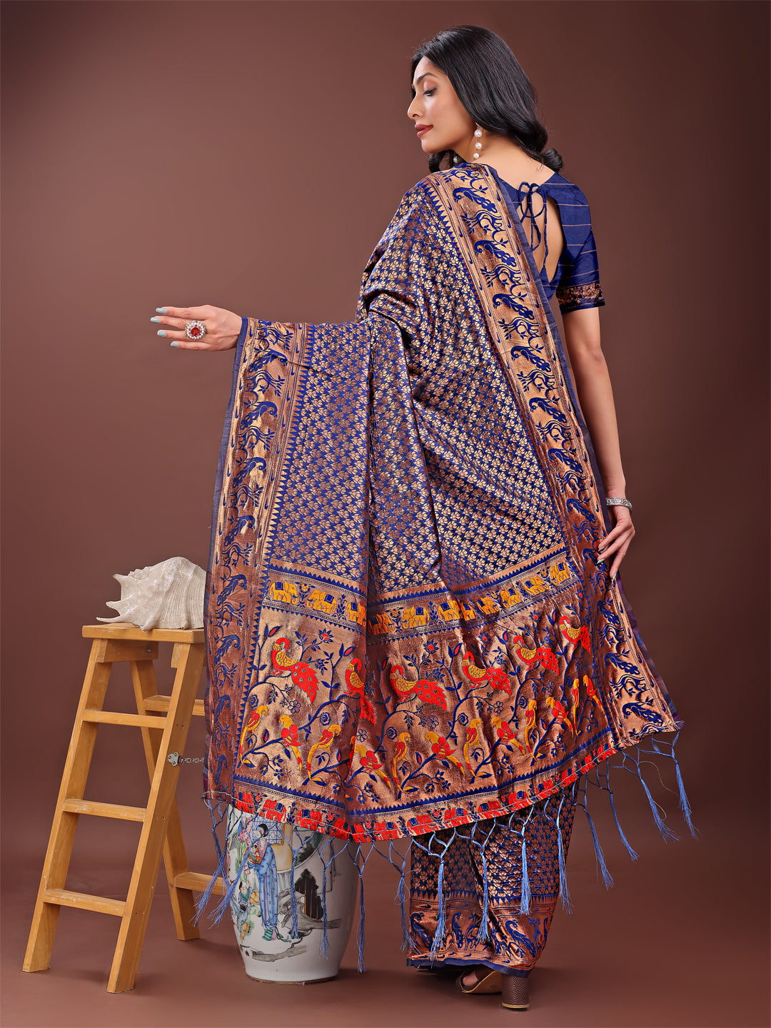 Navy Blue Banarasi Silk Saree with Gold Zari & Multicolor Pallu
