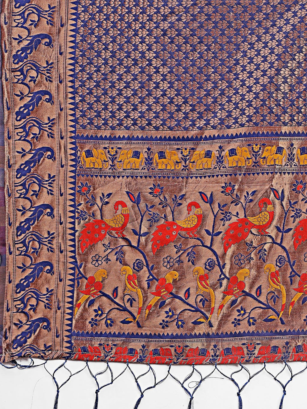 Navy Blue Banarasi Silk Saree with Gold Zari & Multicolor Pallu