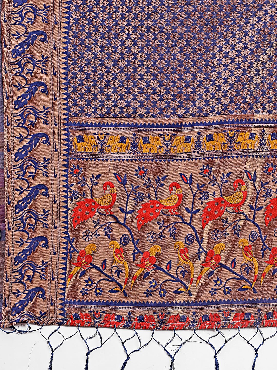 Navy Blue Banarasi Silk Saree with Gold Zari & Multicolor Pallu