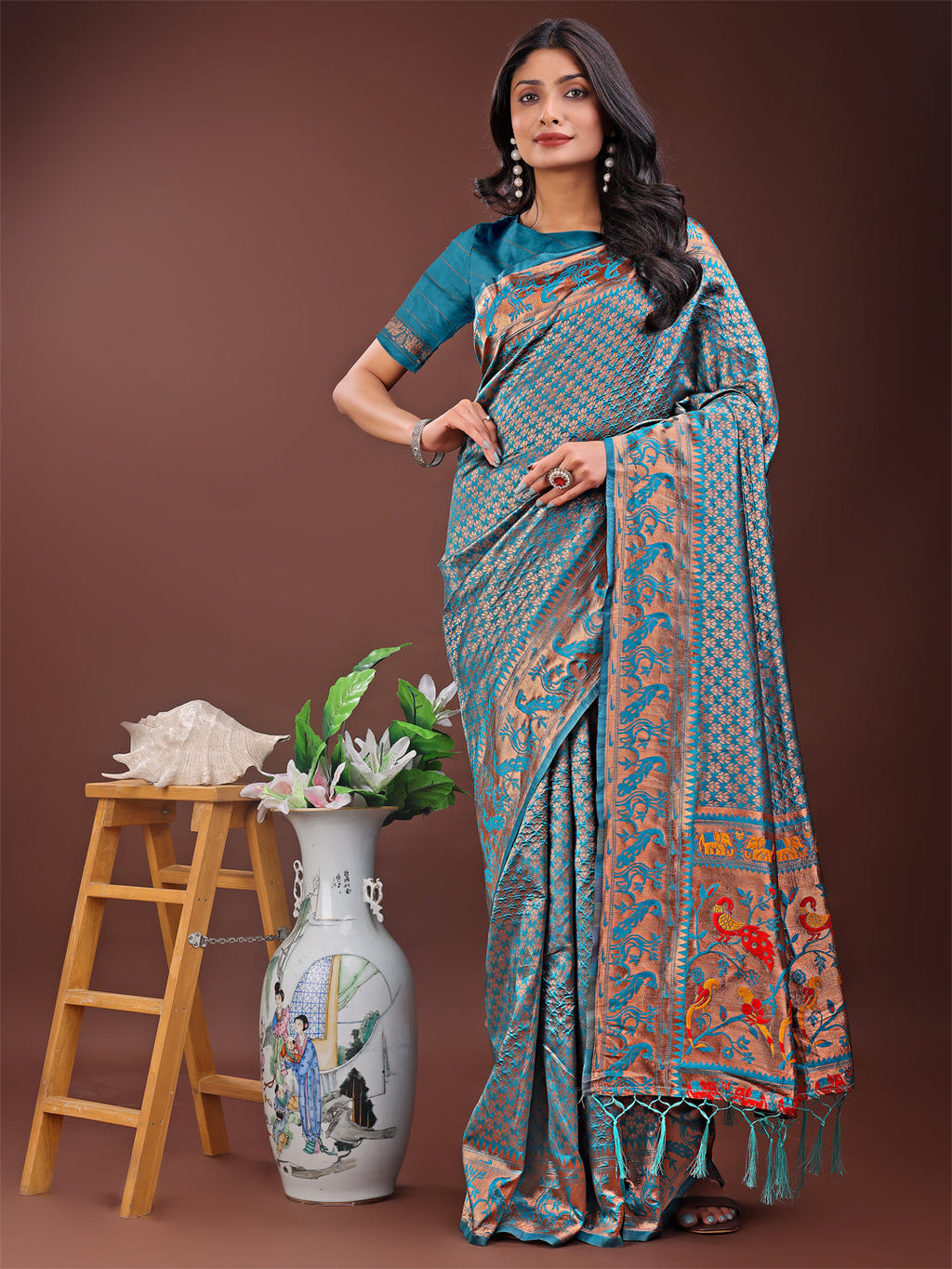 Sea Green Banarasi silk saree with intricate gold zari border and colorful designer pallu