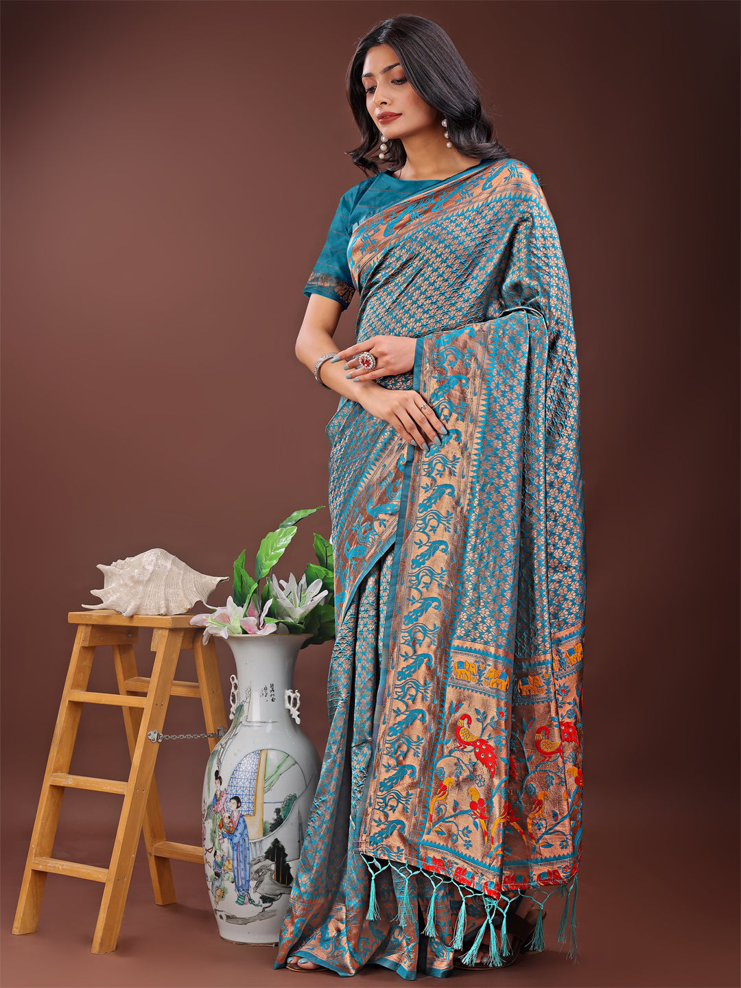 Sea Green Banarasi Silk Saree with Gold Zari and Colorful Pallu