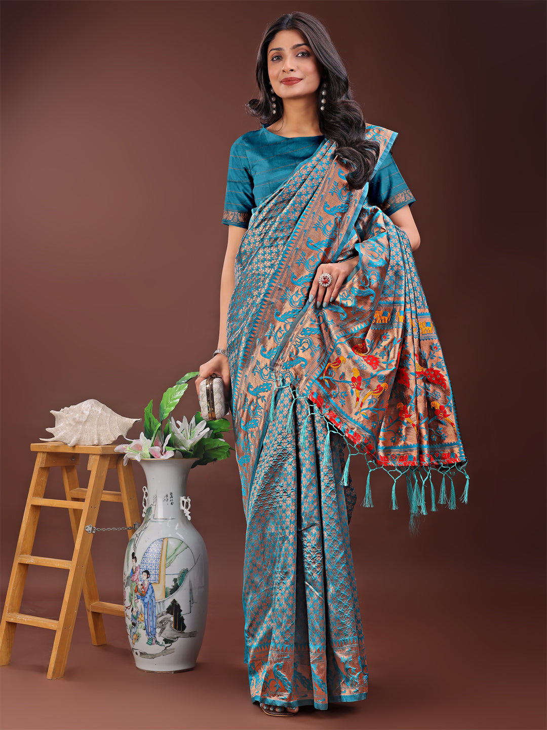 Sea Green Banarasi Silk Saree with Gold Zari and Colorful Pallu