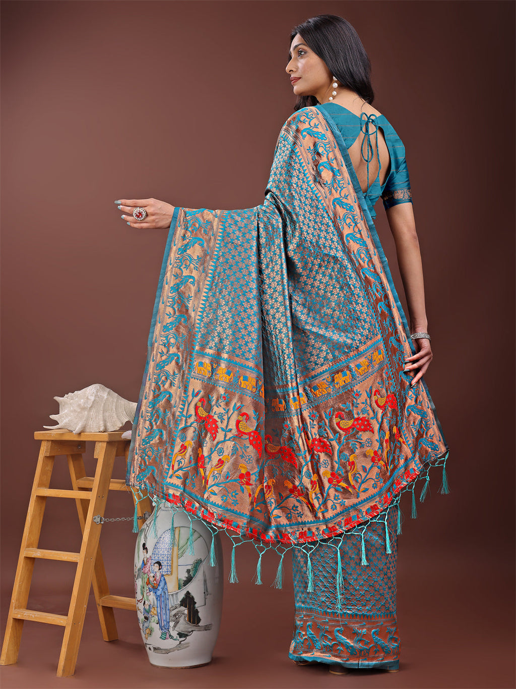 Sea Green Banarasi Silk Saree with Gold Zari and Colorful Pallu
