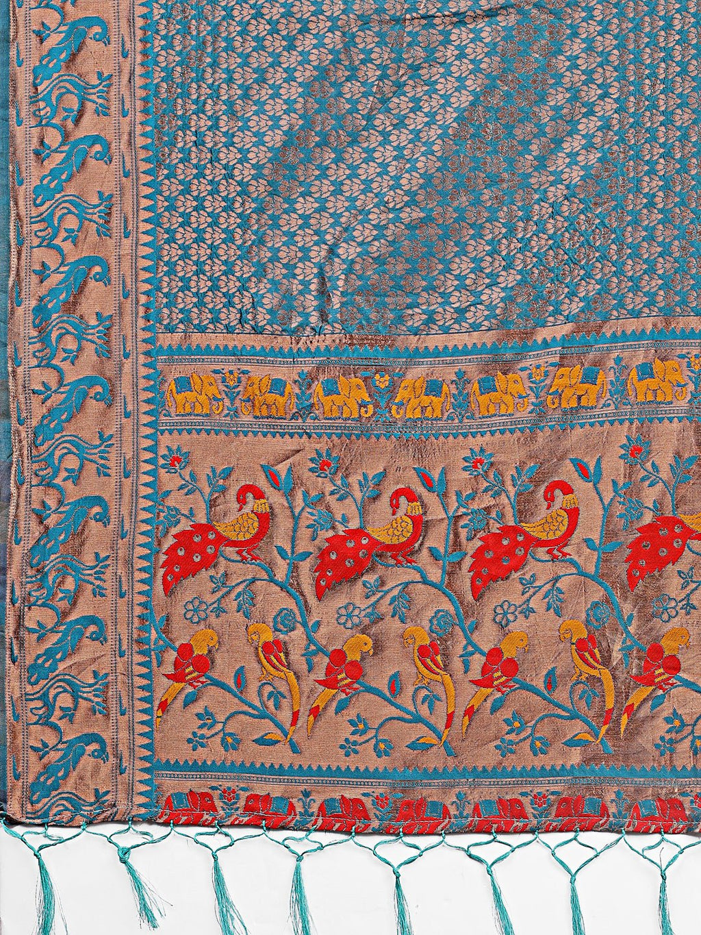 Sea Green Banarasi Silk Saree with Gold Zari and Colorful Pallu