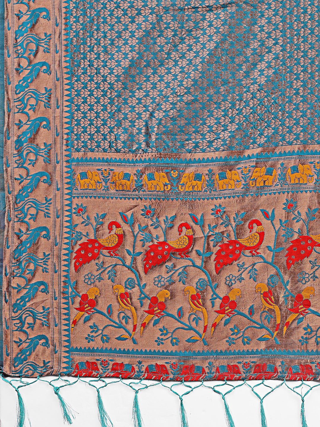 Sea Green Banarasi Silk Saree with Gold Zari and Colorful Pallu