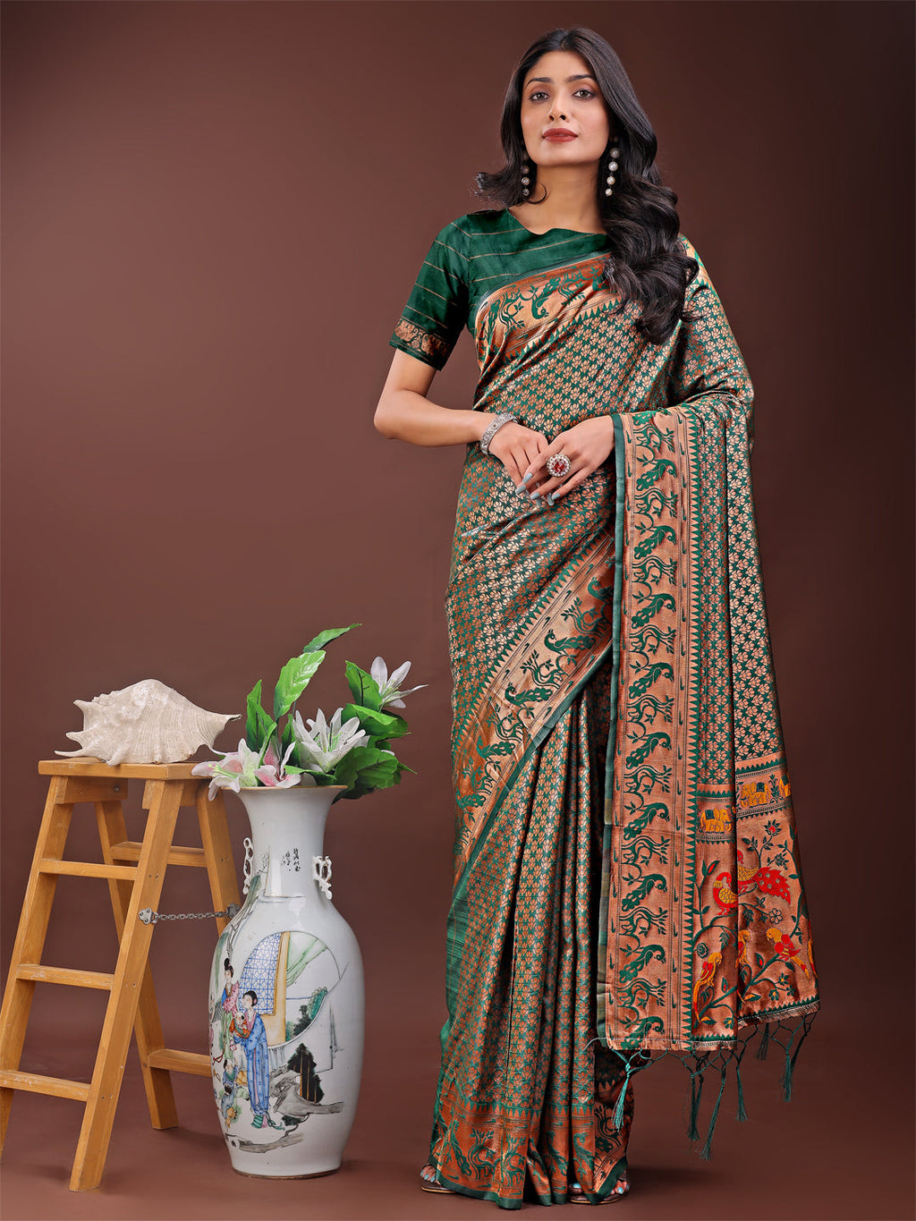 Fiery Green Banarasi Silk Saree featuring gold zari work and vibrant multicolor pallu