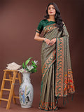 Fiery Green Banarasi Silk Saree featuring gold zari work and vibrant multicolor pallu