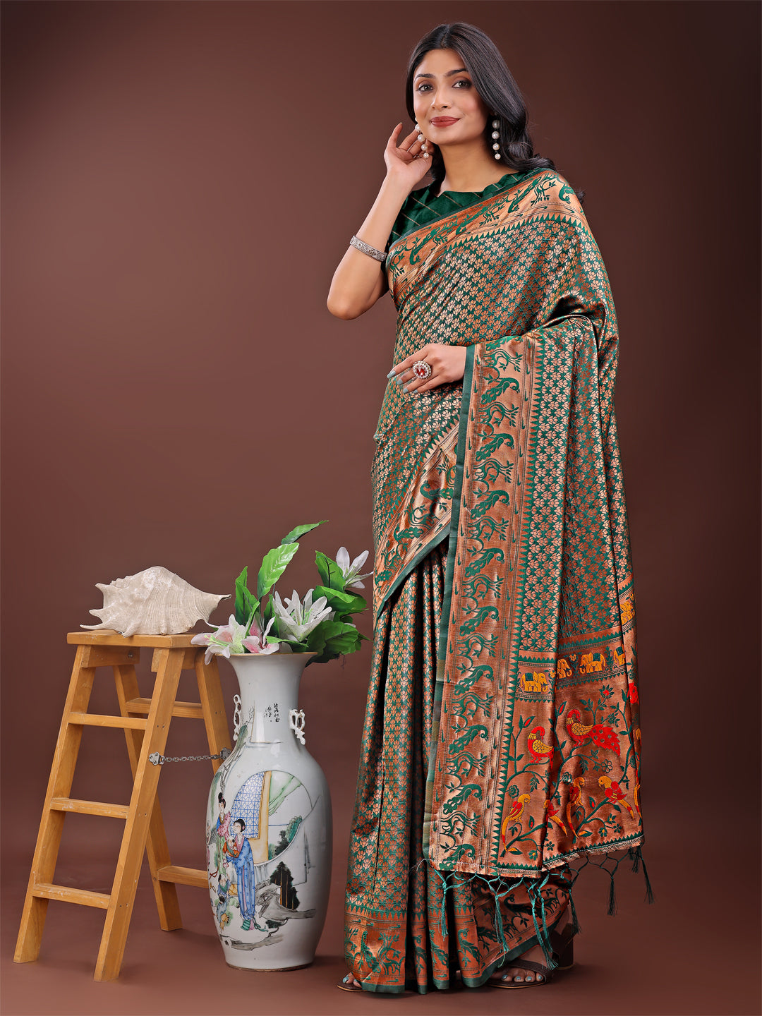 Fiery Green Banarasi Silk Saree with Gold Zari & Multicolor Pallu