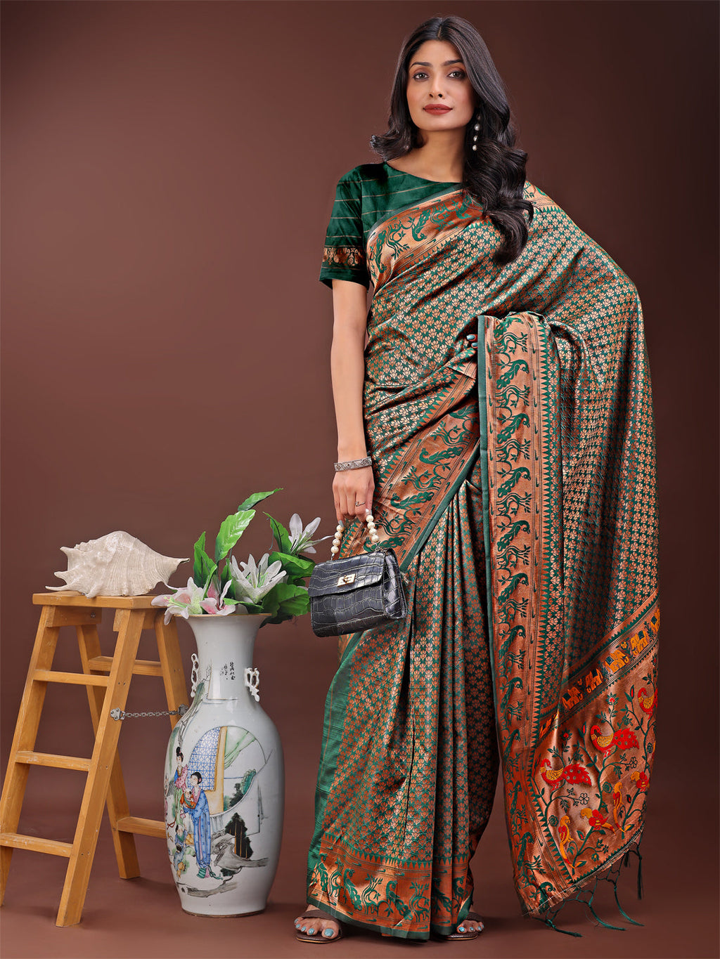 Fiery Green Banarasi Silk Saree with Gold Zari & Multicolor Pallu