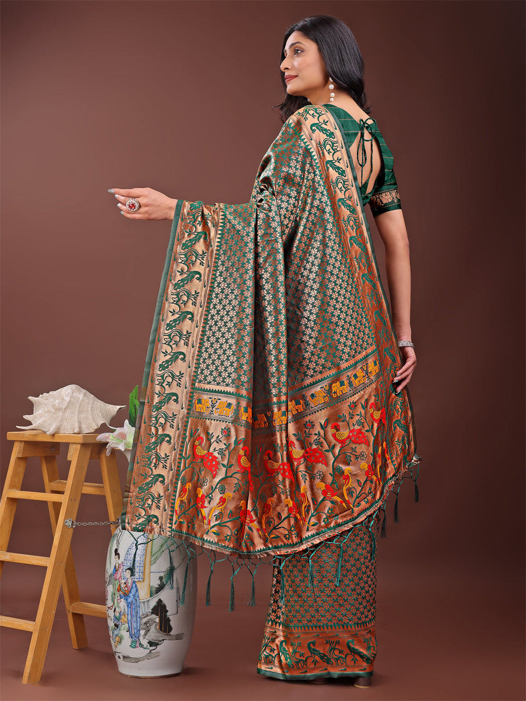 Fiery Green Banarasi Silk Saree with Gold Zari & Multicolor Pallu