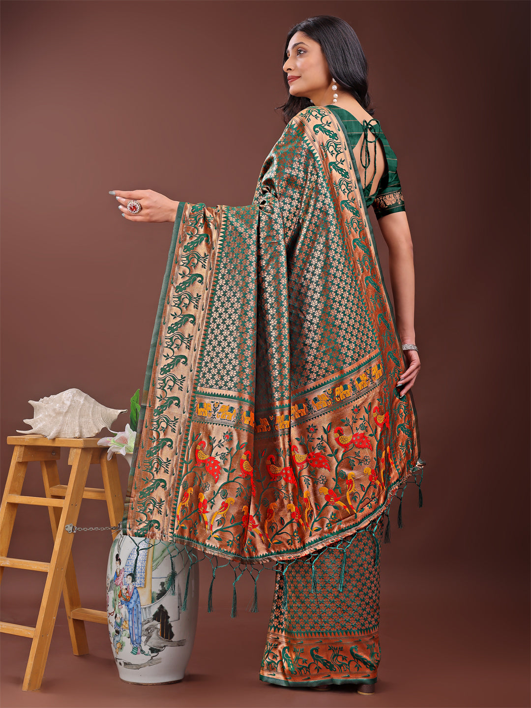Fiery Green Banarasi Silk Saree with Gold Zari & Multicolor Pallu
