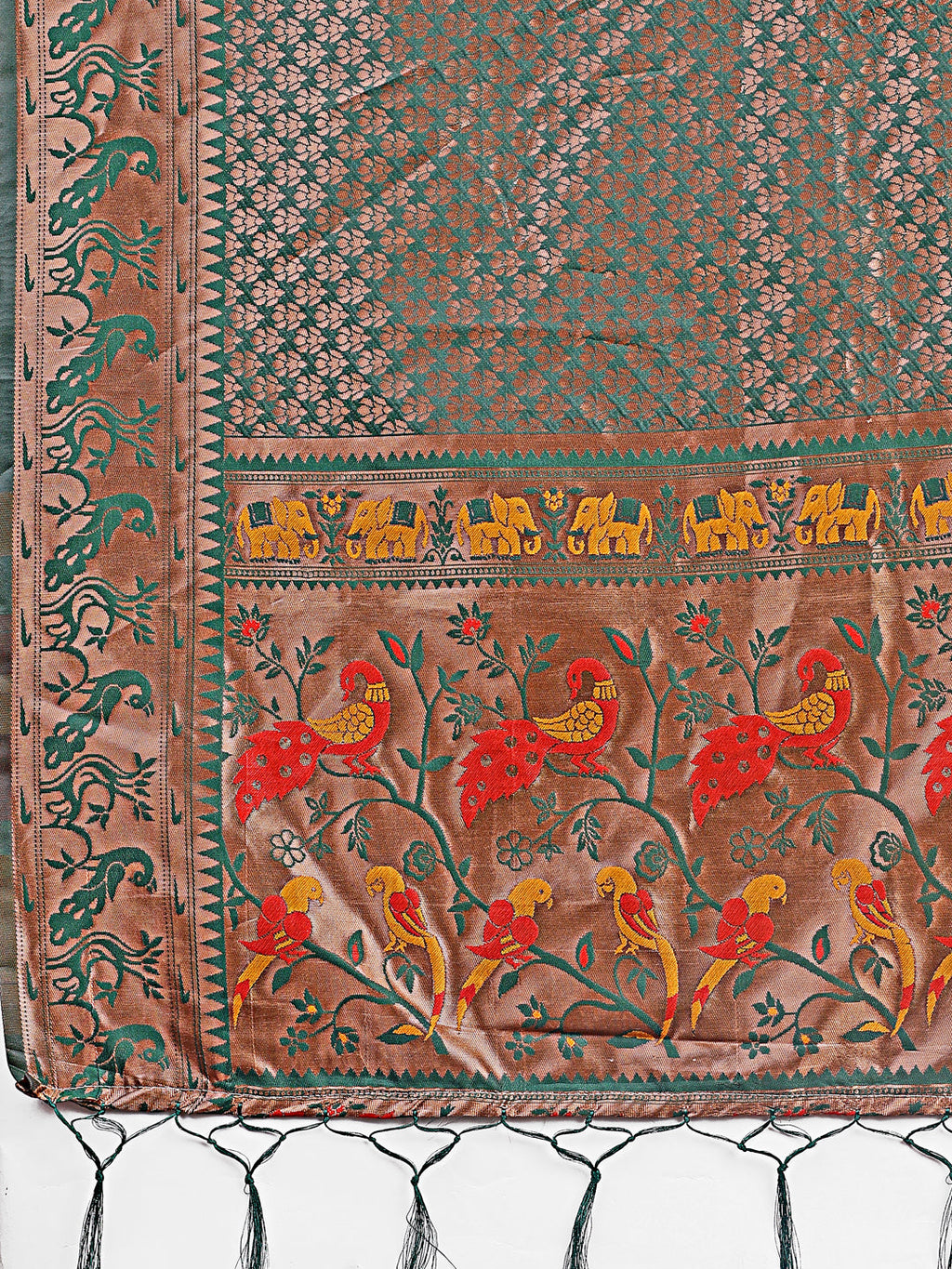 Fiery Green Banarasi Silk Saree with Gold Zari & Multicolor Pallu