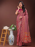 Fiery purple Banarasi silk saree featuring gold zari work and a multi-colored pallu