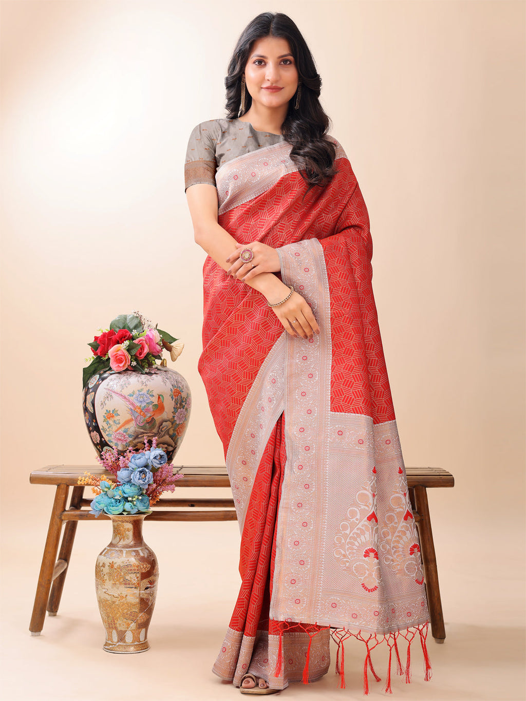 Red and Beige Lichi silk saree with intricate woven pallu design