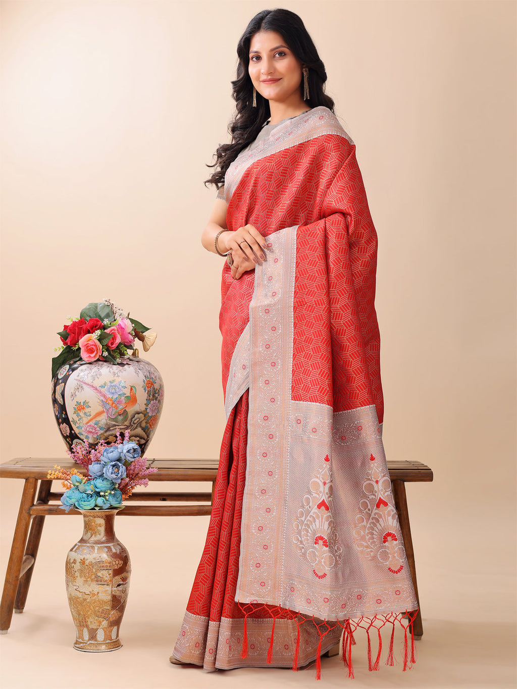 Red and Beige Lichi Silk Saree with Elegant Woven Pallu