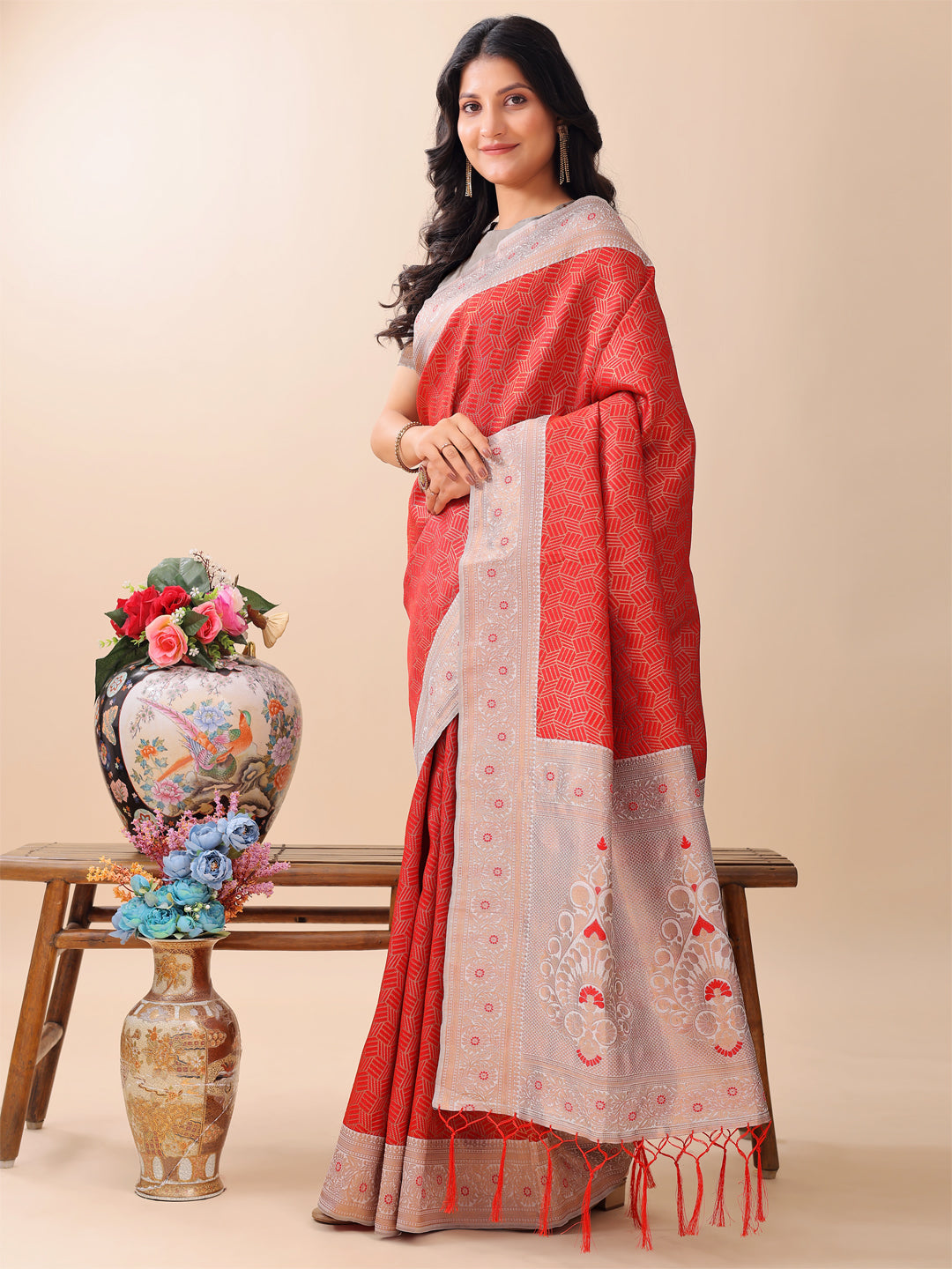 Red and Beige Lichi Silk Saree with Elegant Woven Pallu