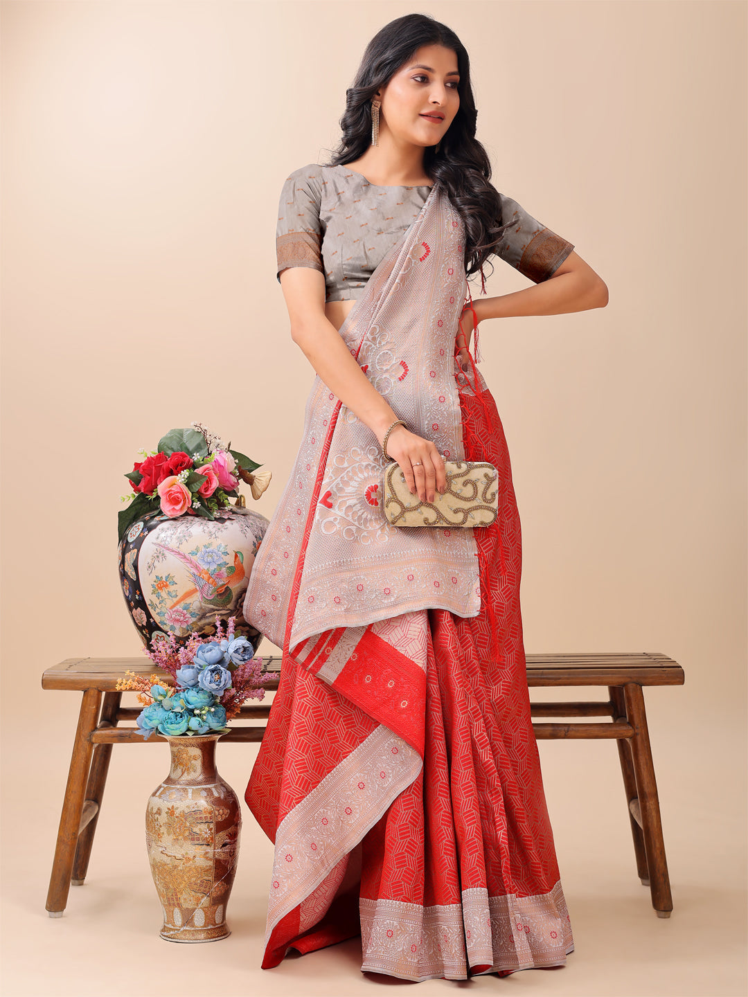 Red and Beige Lichi Silk Saree with Elegant Woven Pallu