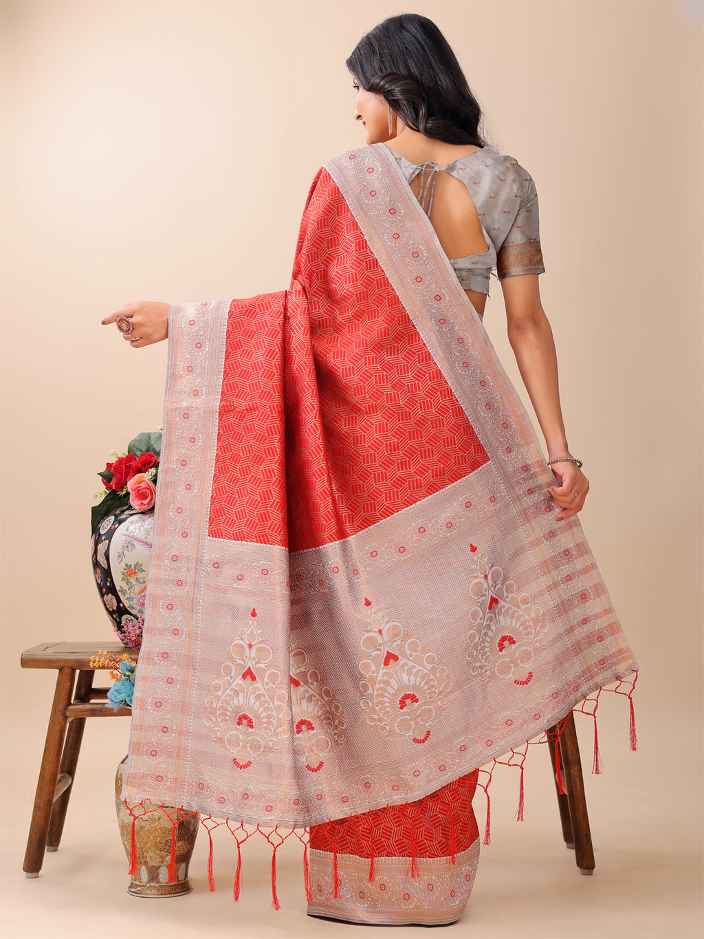 Red and Beige Lichi Silk Saree with Elegant Woven Pallu